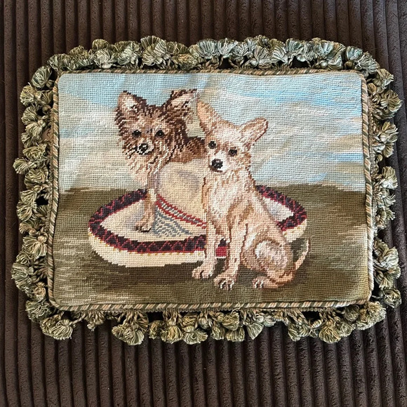 NWT Vintage Chihuahua Dogs Handmade Needlepoint Pillow Cover velvet cottage-core - Picture 1 of 7